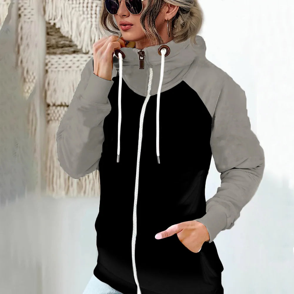 2025 Autumn Winter Women's High-neck Sweatshirt Casual Pocket Pile Collar Fleece Zipper Cardigan Color-blocking Velvet Coat