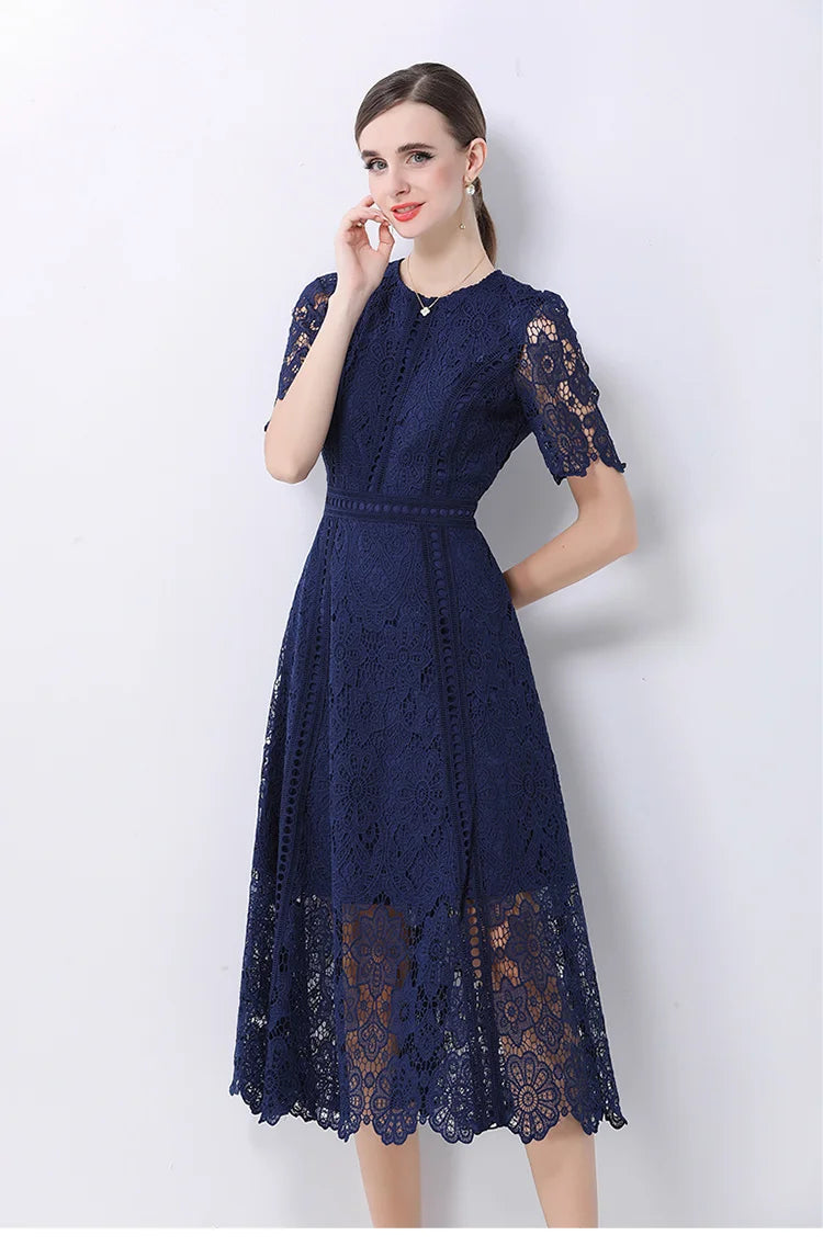 SMTHMA Vintage High-End O-Neck Short Sleeve Lace Hollow Out Dress For Women's Summer Slim Elegant Long Dress Female Clothing
