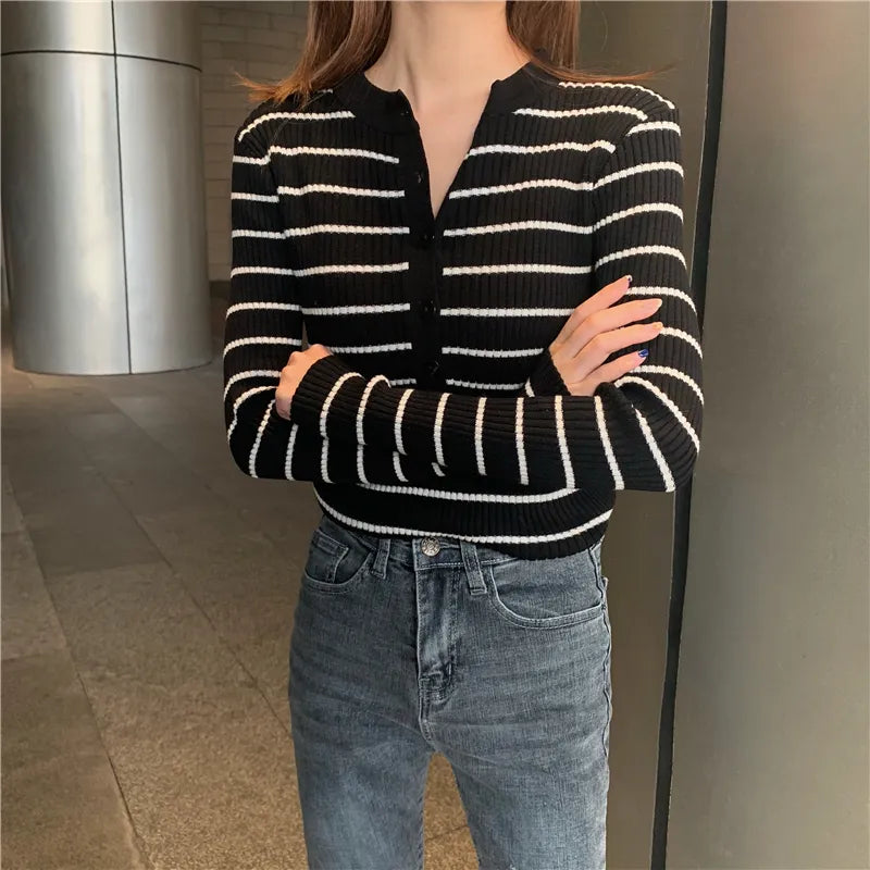 ITOOLIN Women Stripes O-neck Buttoned Up Sweaters Long Sleeve Knitted Sweater Slim Women Jumpers Tops Autumn Winter One Size