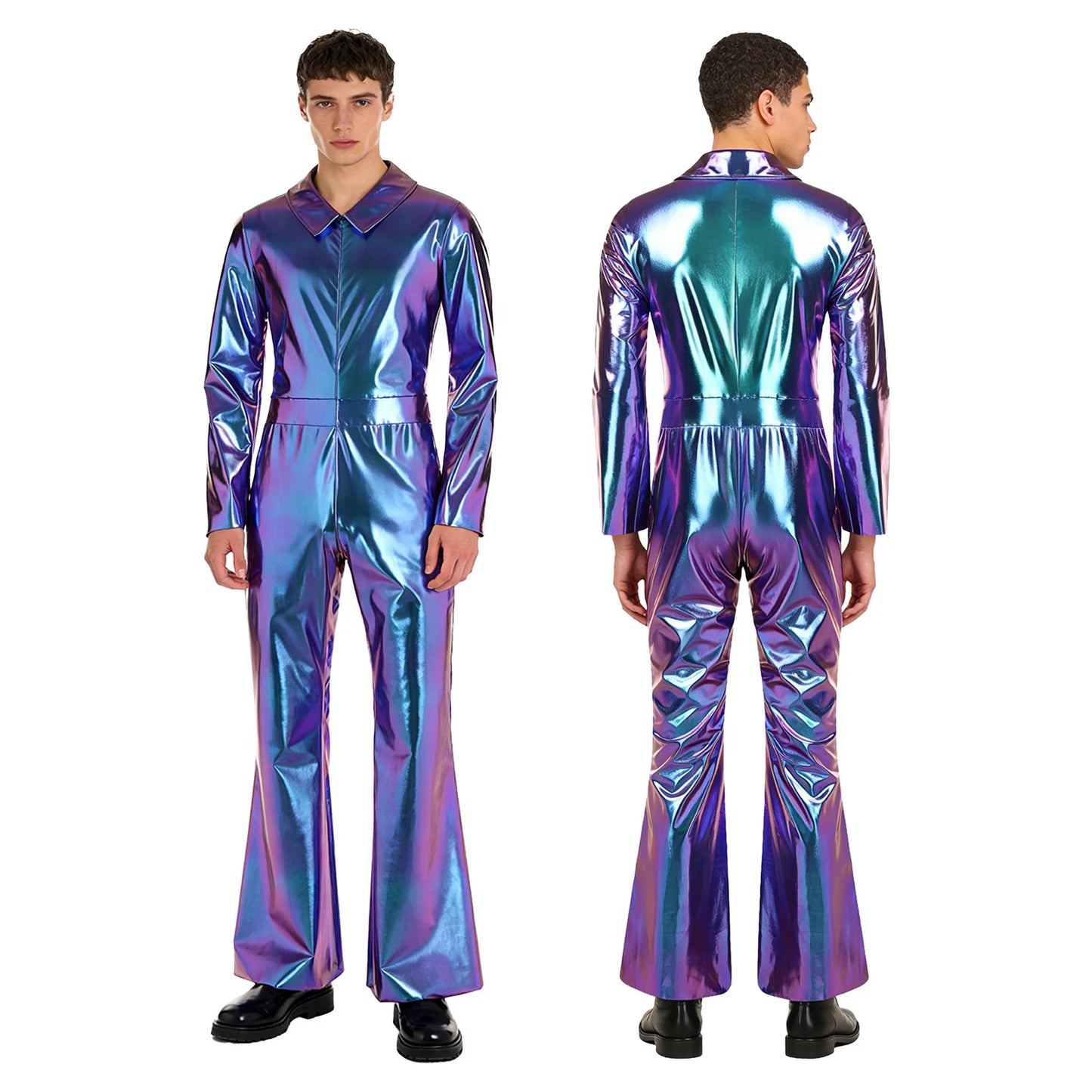 Mens 70s Disco Hippies Jazz Dance Performance Costume Metallic Shiny Unitards Jumpsuit Wide Leg Pants Rompers Vintage Clubwear