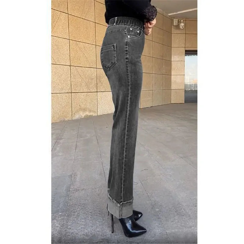 Plus Size Middle Aged Womens Jeans Elastic Waist High Waist Loose Denim Pants
