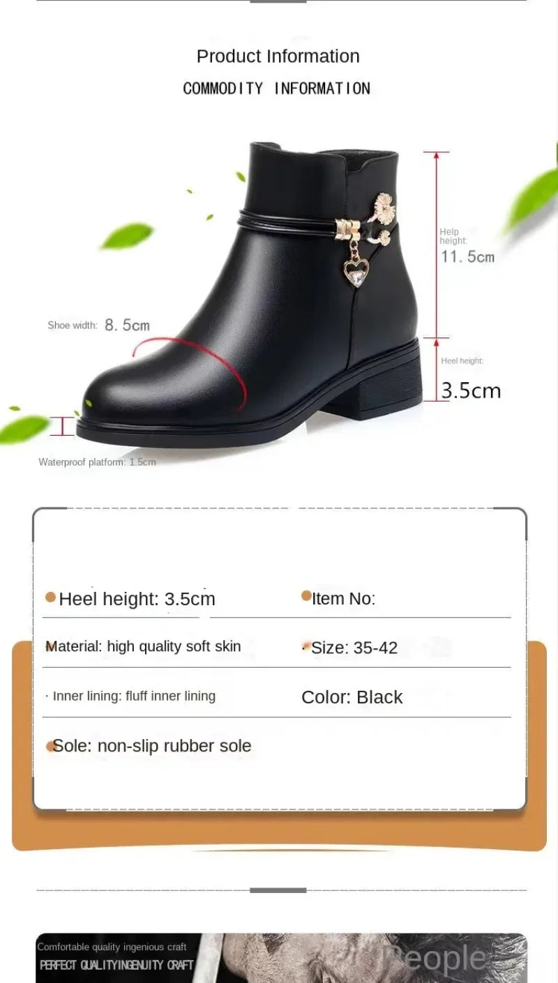 Winter Boots Women's Waterproof Warm Leather Mother Cotton Boots Fashion Black Mid Heel Plush Snow Boots Soft Sole Short Boot