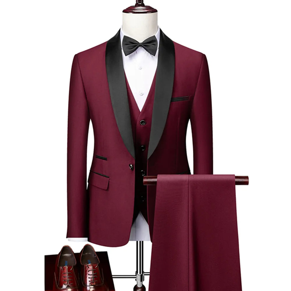 Men's Lapel Black Suit Set Coat Vest Trousers / Business Groomsmen Groom Wedding Dress Fprmal Blazer Pants