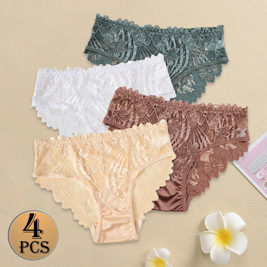 4PCS Elegant Women's Underwear Satin Panties Solid Color Lace Flower Lingerie Sexy Female Intimate Lingerie Everyday