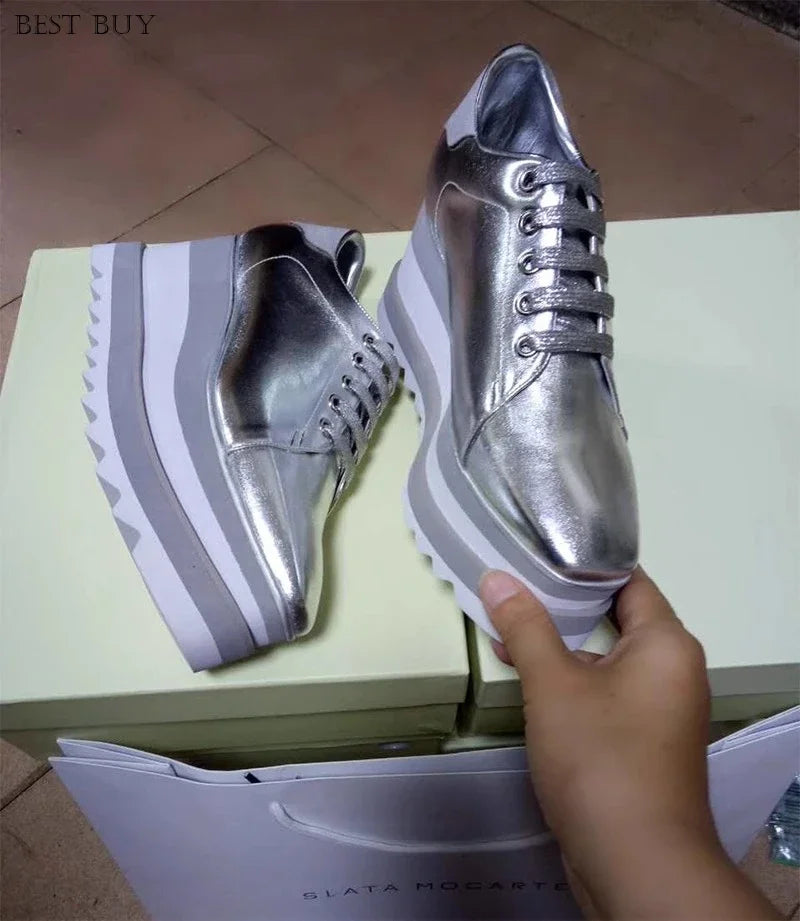 New beige Women Platform Casual Shoes 2024 Spring Black Casual Chunky Sneakers Women Real Leather White Height Increasing Shoes