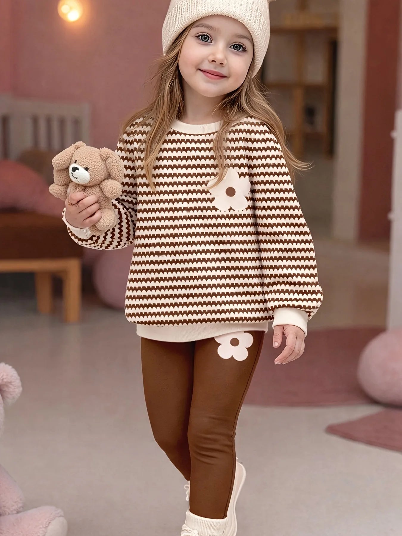 Kids Girls 2-Piece Casual Set, Brown & White Wavy Striped Flower Print Sweatshirt + Solid Brown Leggings Loungewear Outfit