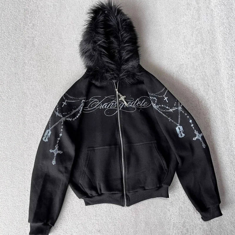 European And American High Street Printed Zipper Hoodie Loose Fit Sweatshirt