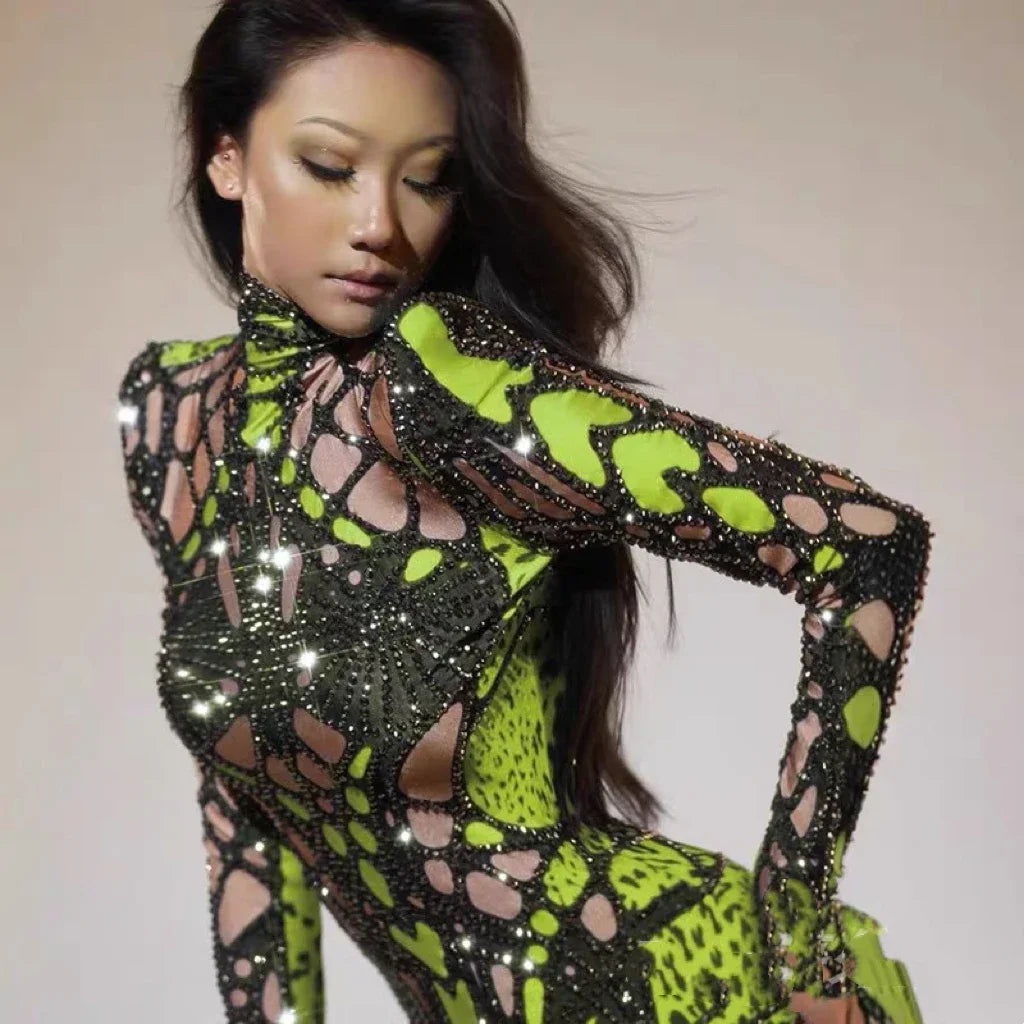 singer's commercial performance, dazzling performance outfit European and American sexy wormhole perspective triangle jumpsuit