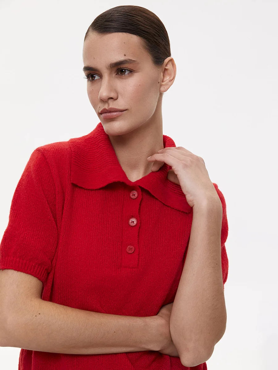 Bronladies Women's Polo Hollow Knitted Short Sleeved Sweater Spring Summer Bubble Sleeve T-shirt Female Simple Knitted Sweater