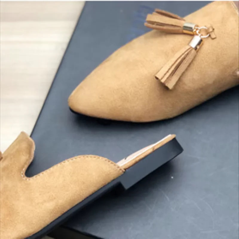 Women Metal Fringe Slippers Flock Shoes Front Closed Toe Khaki Purple Slide For Small And Wide Feet 44-33 22cm Comfortable Tacon