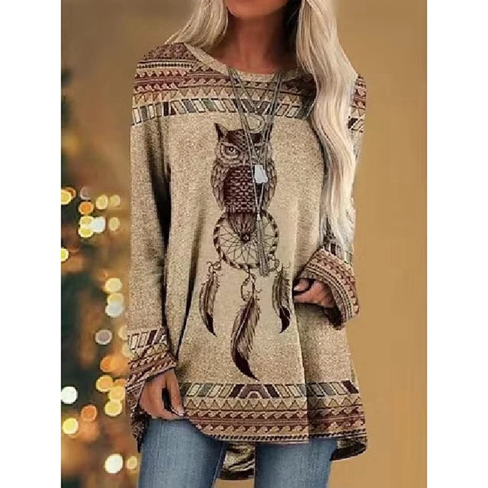 Women's T Shirt Wolf 3d Print T-shirt Women Fashion Animal T-shirts Casual Long Sleeve Tops Tees Vintage Tshirt Loose Tees Owl