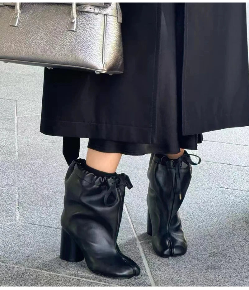 Street Style Fashion Split Toe Women Mid-calf Boots Autumn Winter Genuine Leather Tabi High heels Modern Chunky Booties Shoes