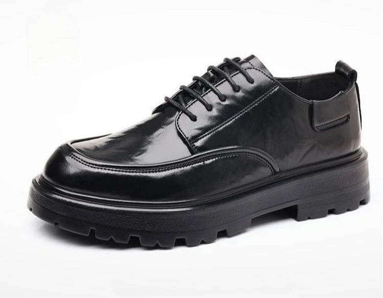 Round Toe Height Increasing Thick Sole Black Leather Shoes for Men Low Price High Quality Social Fashion New in Man Casual Shoe