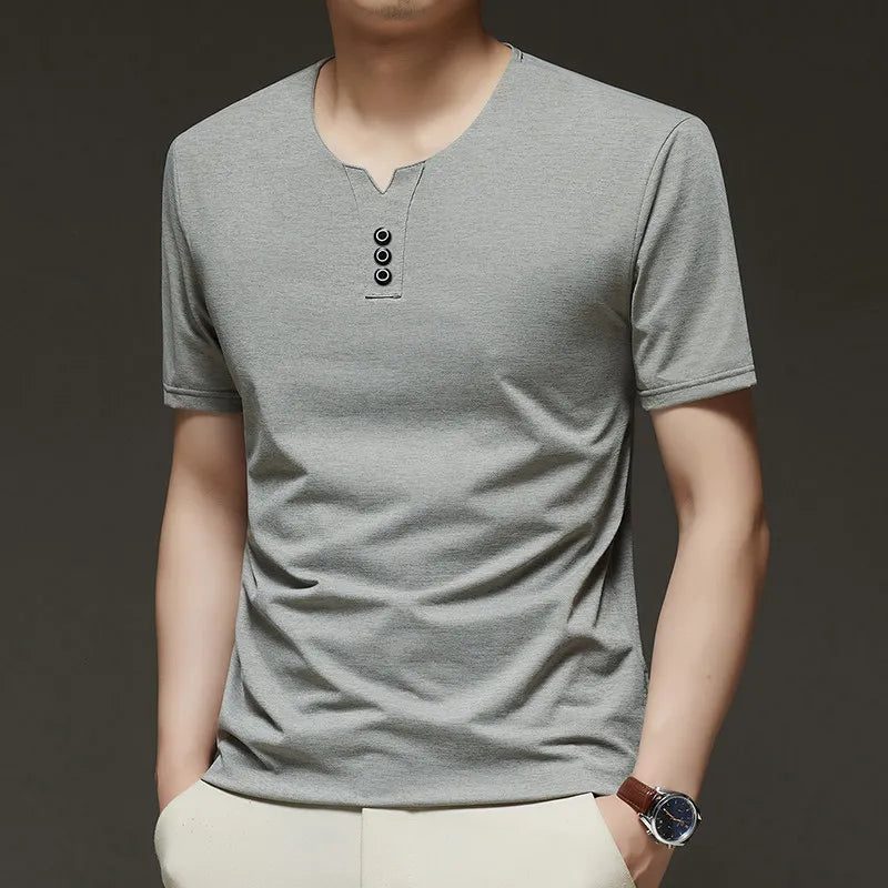 2025 New Men's Business Casual Three Button V-neck Short Sleeved T-shirt Korean Style Summer Comfortable Versatile Top