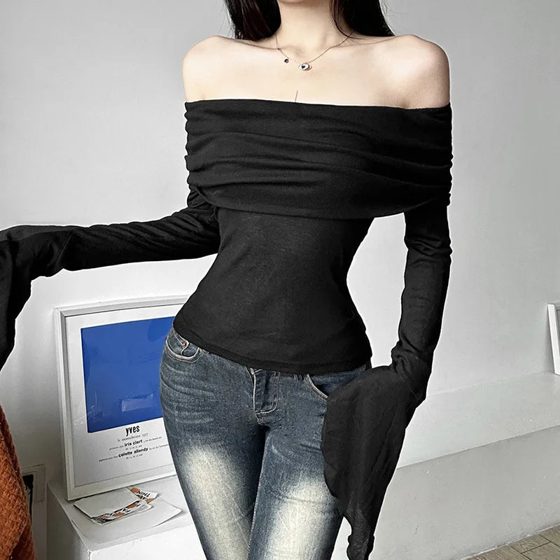 Y2k Aesthetic Women Translucence Tee Shirts Slash Neck Long Sleeve Solid Casual T-Shirts Vintage Off Shoulder Sexy Cute Tshirts