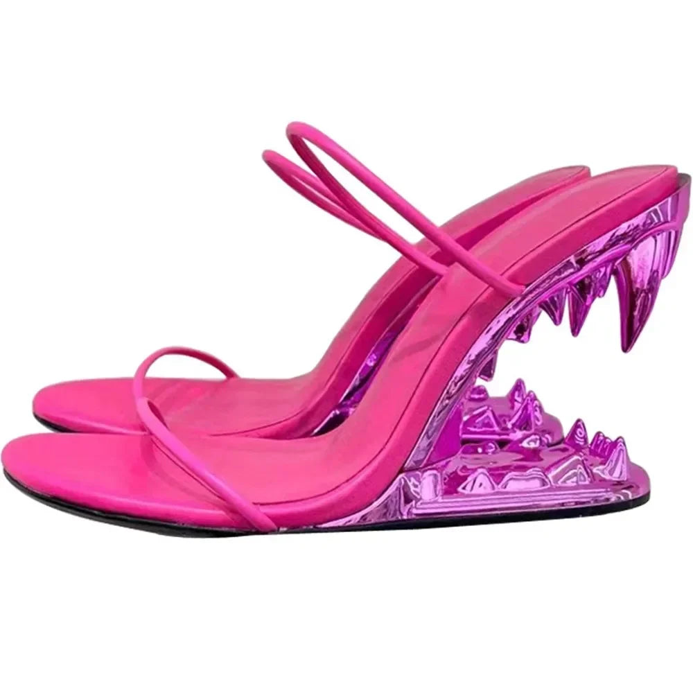 Spring Fashion Show, Teeth Shaped Heels, High Heels with Exposed Toes, Sloping Heels, Round Toe Fashion Women's Shoes