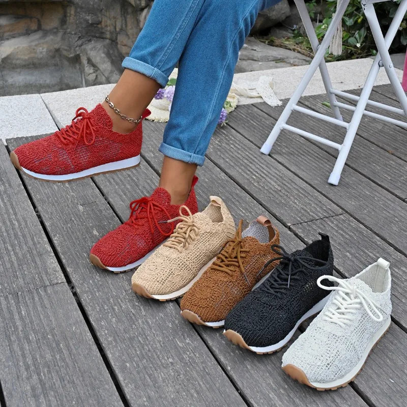 2026 Brown Knit Breathable Womens Sneakers Shoes New Platform Flats Woman Plus Size 43 Non Slip Casual Shoes Mesh Tenis De Mujer