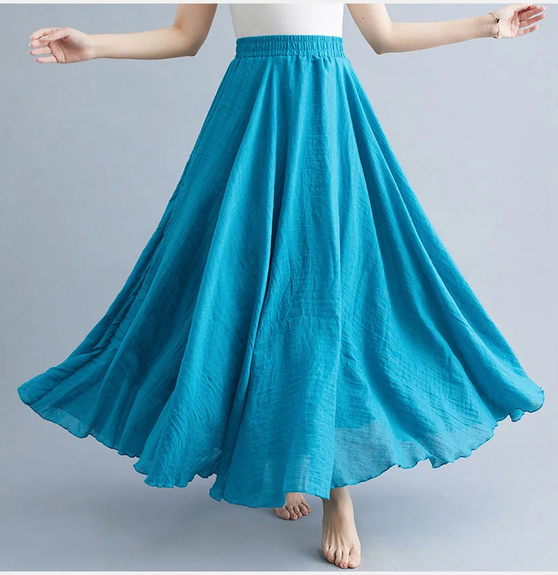 New 2020 Women Linen Cotton Long Elastic Waist Pleated Maxi Skirt Beach Vintage