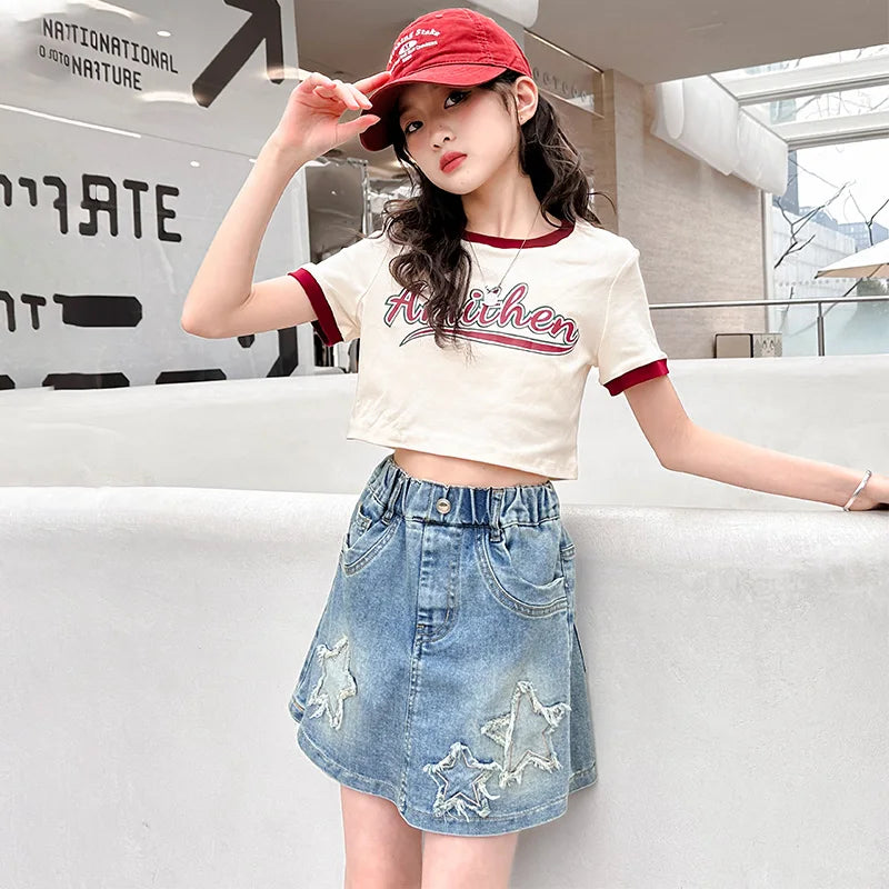 Trendy and Stylish Five-Pointed Star Denim Skirt Pants Suitable for Girls to Wear in Summer, Anti-Exposure, Five-Pointed Star Patch, Washed and Distressed Y2K Style
