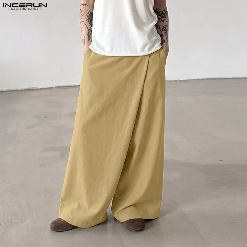 INCERUN Men's Pants Solid Color Joggers Elastic Waist Joggers Trousers For Man Streetwear Loose Casual Irregular Wide Leg Pants