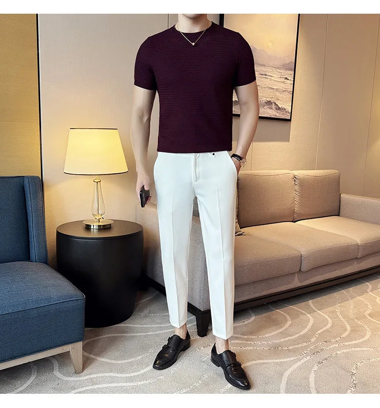 Summer Breathable T-Shirts For Men Korean Luxury Clothing O-Neck Short Sleeve Knitted Men's T Shirt Fashion Hollow Tops&Tees 3XL