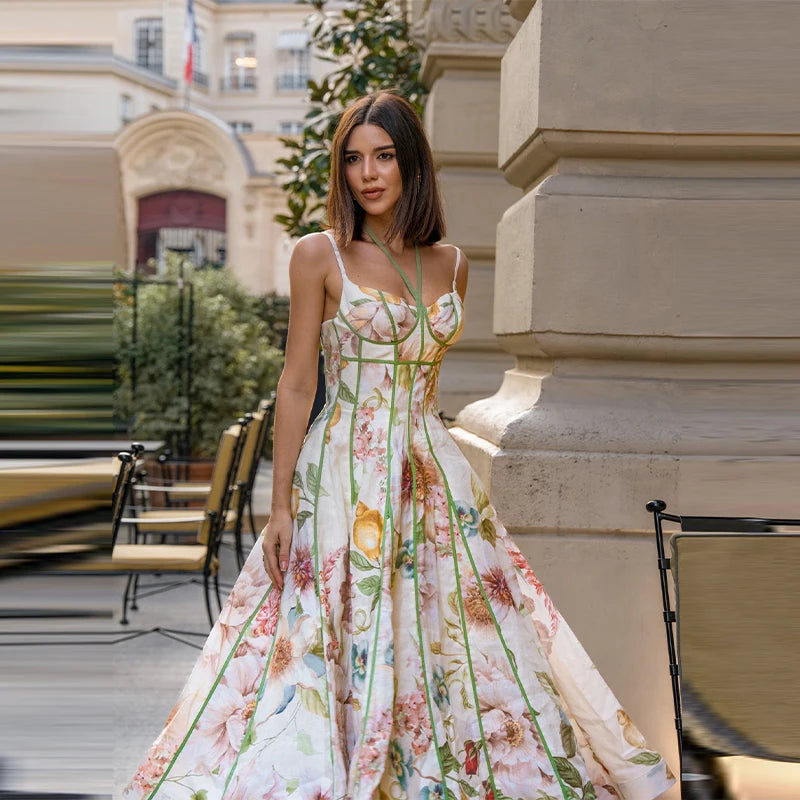 Fashion Women's Dress Halter Sleeveless Hollow Out Print Female Dresses 2026 Summer Vacation Holiday Beach Chic Sexy Lady Robe