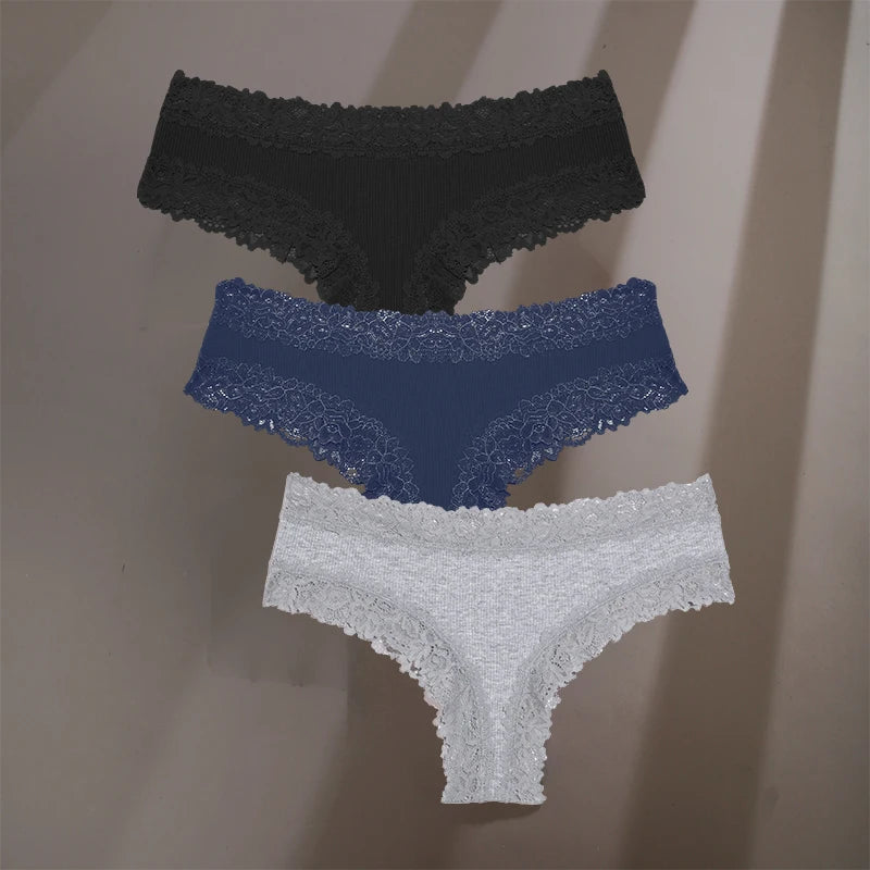 3Pcs/Set Sexy Lace Briefs Cotton Panties Women's Fashion 7 Solid Color Comfortable Briefs Low Waist Underpants Stretch Underwear