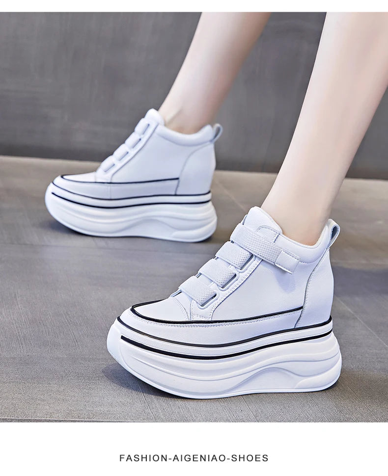 10cm Genuine Leather Platform Wedge Mid Calf Ankle Motorcycle Booties Non Slip Hidden Heel New Women Slip-On Autumn Spring Shoes