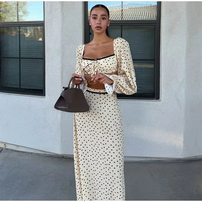 Fashion Women's Polka Dot Long Skirt Set Square Neck Lantern Sleeve Lace Crop Top High Waist A-line Skirts 2026 Summer Lady Suit