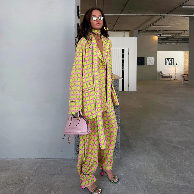 Casual Plaid Women's Blazer Pant Suits Scarf Collar Long Sleeve Button Shirt Pleated Wide Leg Trousers 2026 Summer Female Set