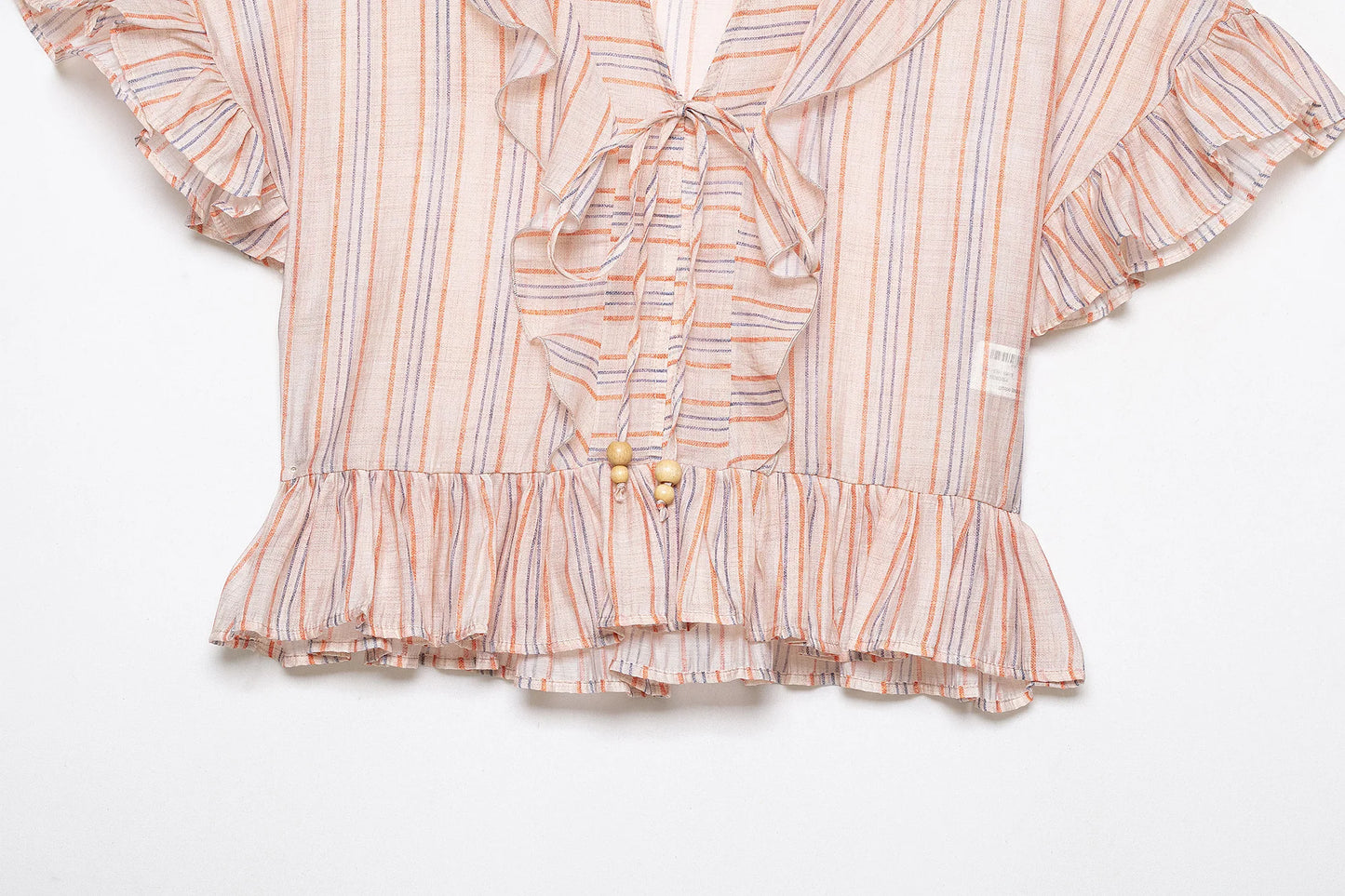 KONDALA Casual Striped Summer Woman Suits Lace-up V-Neck Shirt+ Drawstring Lace Shorts Fashion 2026 Female Elegant Tiered Sets
