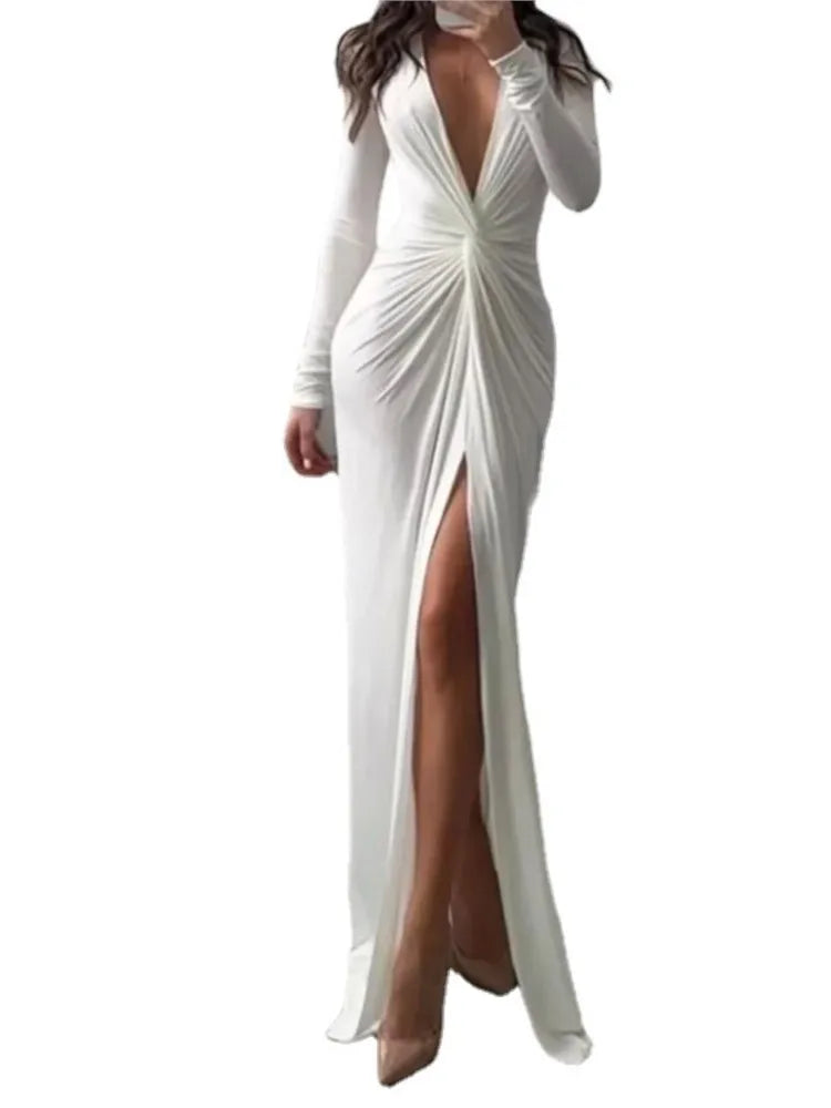 Women Maxi Dress Autumn 2023 New Fashion Sexy Slit V Neck Long Sleeve Solid Slim Pleated Evening Party Prom Dresses