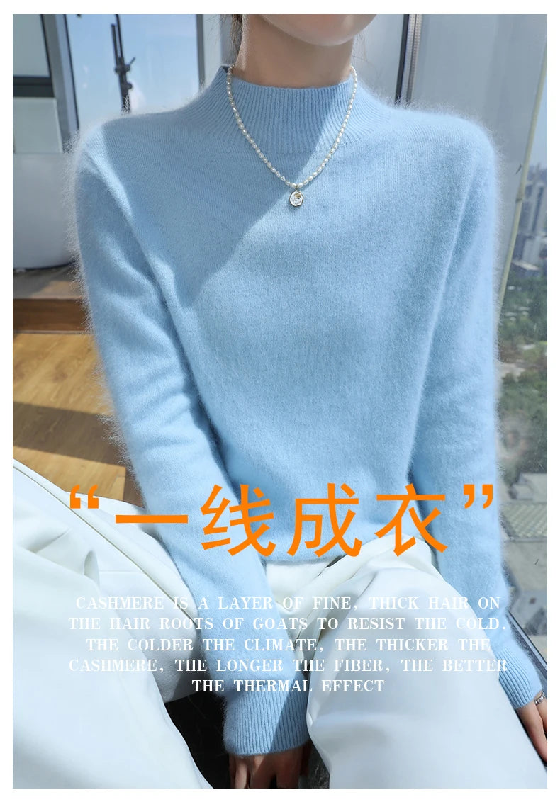 2024 Autumn And Winter New Women's Semi High Neck New Fashion Mink Sweater Long Sleeved Loose Sweater Slimming Knit Sweater Base