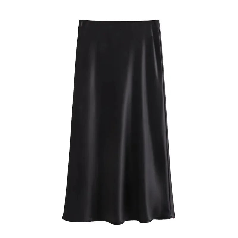 HXAO 2025 Skirts For Women Black Satin Skirt Summer Elegant Women's Midi Skirts High Waist Smooth Skirts Green Flare Skirt 088