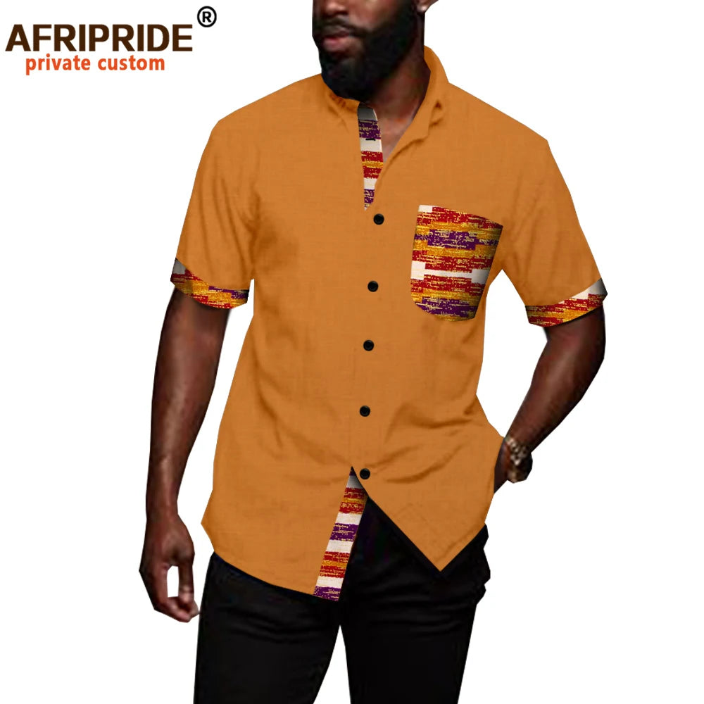 African Shirts for Men Denim Thin Shirt Short Sleeve Pockets Slim Slight Elastic Jeans Cowboy Shirt Clothing Crop Top A2012006
