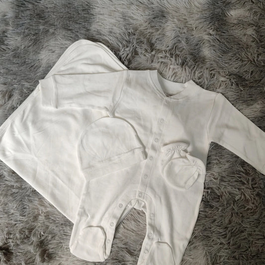 Plain White Baby Onesie Romper Blanket Mitten Hat Set 100% cotton DIY wholesale Infant Clothes Facrory Selling 4pcs set