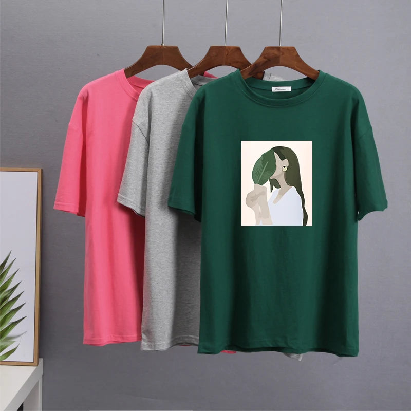 Hirsionsan Harajuku Printed T Shirt Women 2023 Summer Chic Tees 100% Cotton Elegant Graphic Clothes Loose Casual Pullover Tops