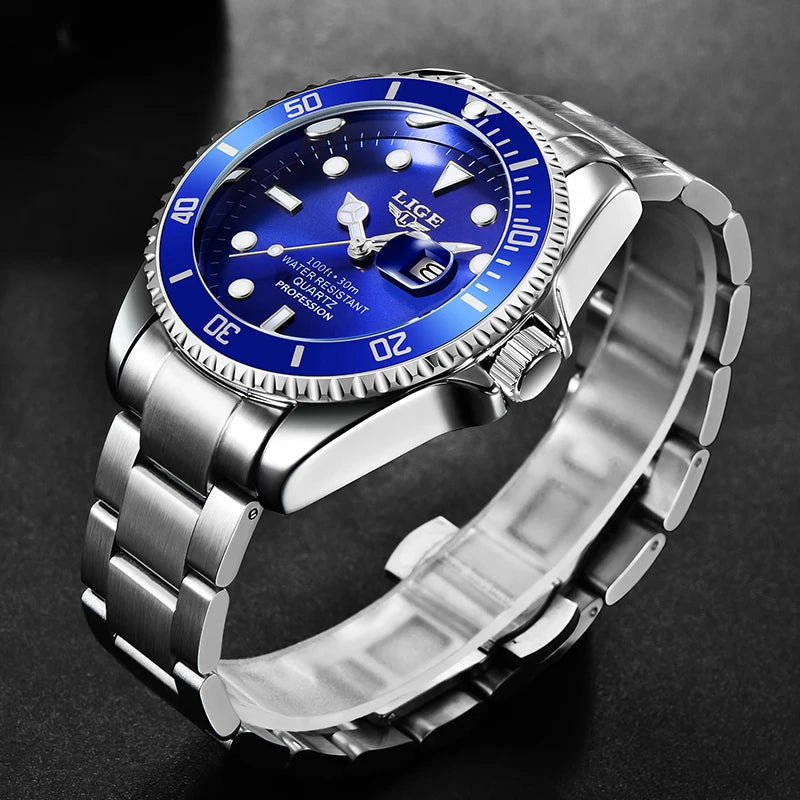 LIGE Top Original Men Quartz Watches Blue Waterproof Watch for Men Stainless Steel Quartz Men Luxury Watch Luminous Wristwatch