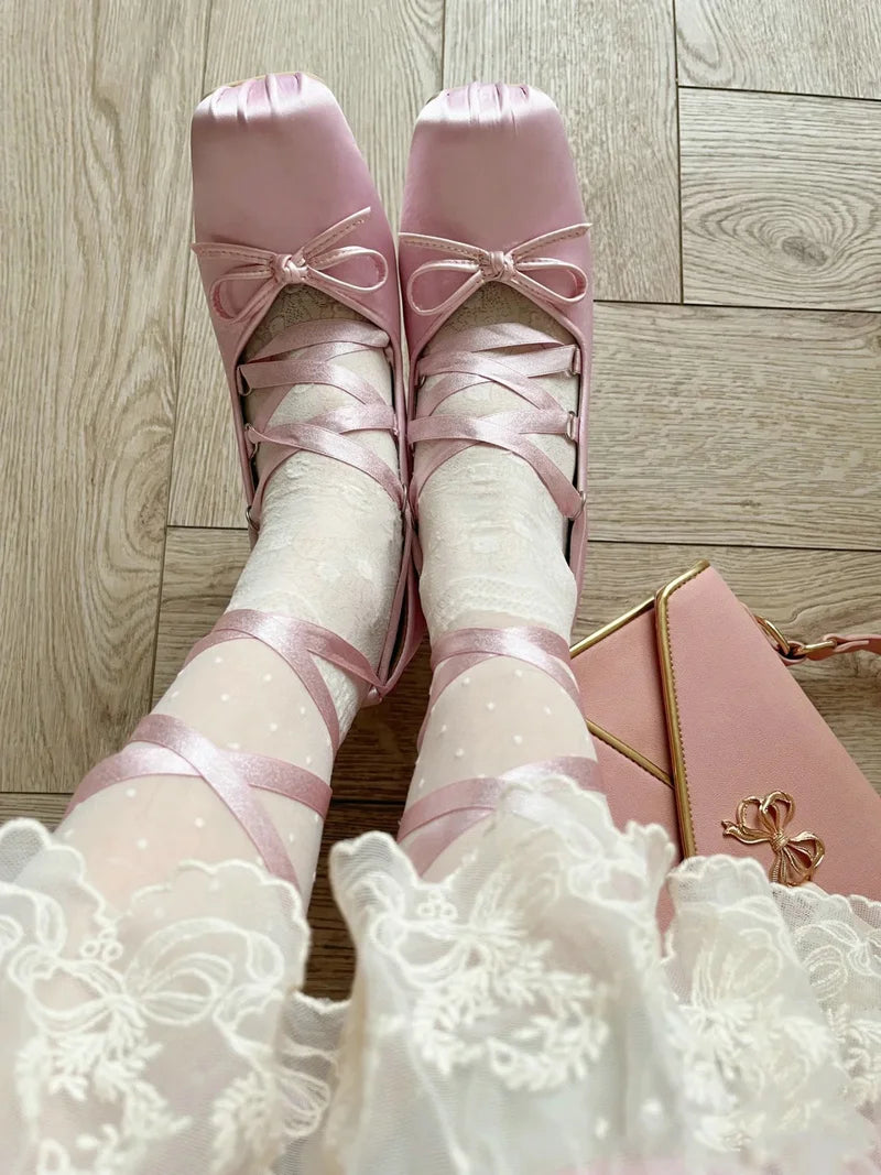 2025 Minuet Pink Mary Jane High Heels Lolita Thick Heel Satin Ribbon Ballet Sandals For Women Pumps