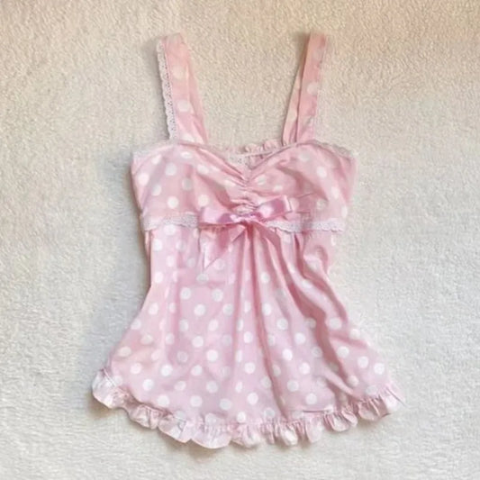 Women's kawaii Camisole Japanese Harajuku polka dot printed halter vest subculture sweet bow tanks cute lace stitching girl tops