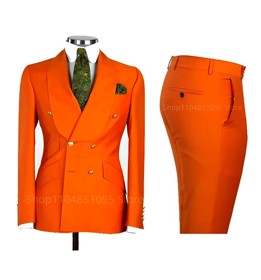 Smart Casual Solid 2 PCS Men Suits Formal Groom Tuxedos Shawl Lapel Double Breasted Jacket Pants Business/Wedding Suits Set