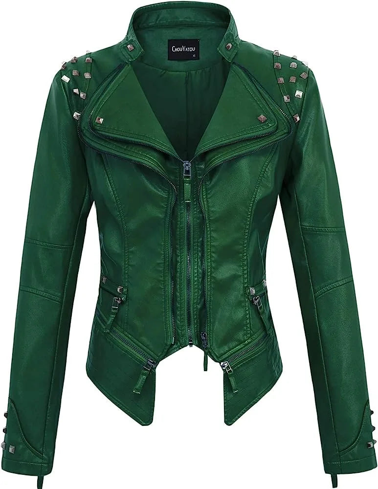 2025 Spring Women PU Leather Jacket With Suit Collar And Rivet Waist