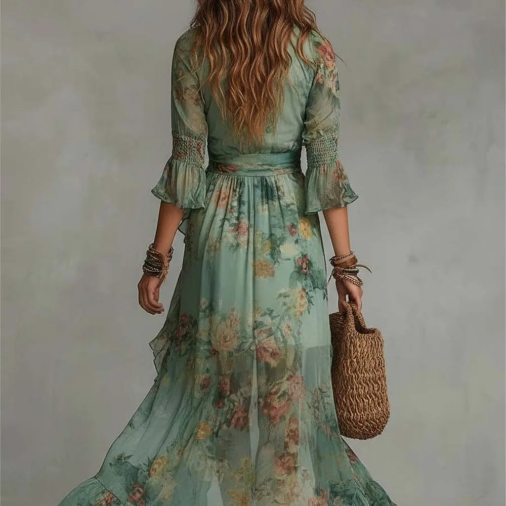 Sexy Elegant Dress For Spring Summer Retro Bohemian Print Holiday Style V-neck Lotus Leaf Sleeve Pleated Slit Irregular Dresses