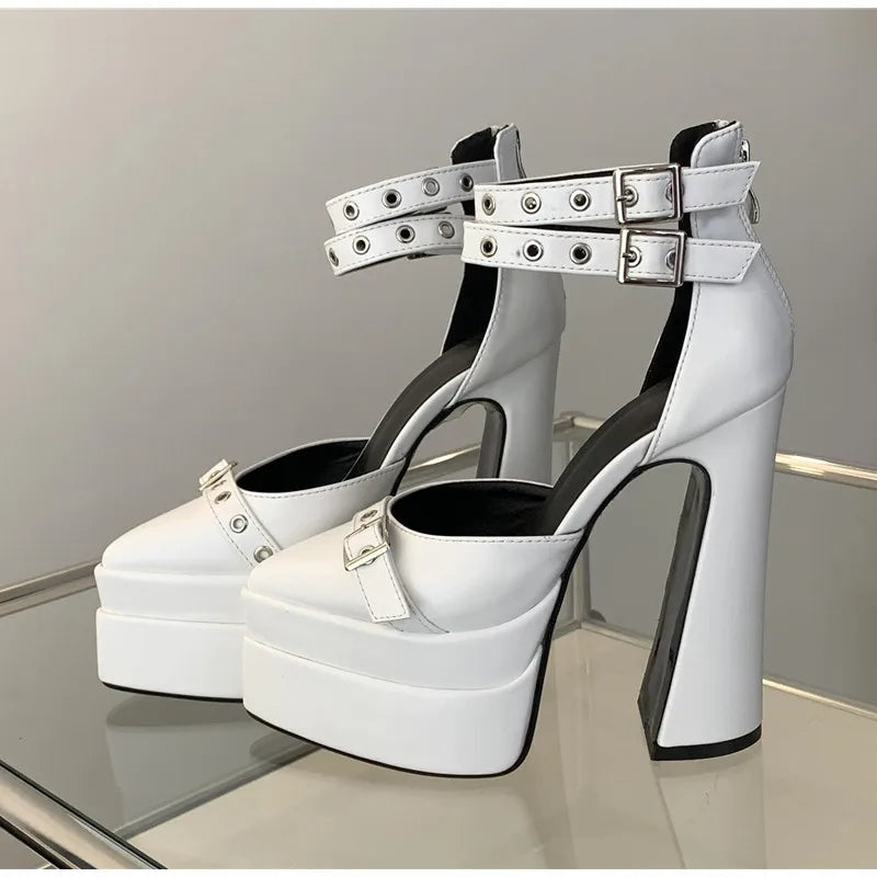 Runway style 15cm Ultra High heels Platform Wedges Women Pumps Fashion Rivet Ankle Strap Thick Heeled Spring Summer Chunky Shoes