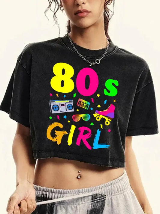 80 S Girl Colorfulprinting Female Washed Short Tshirt Breathable Summer T Shirt Casual Fashion Midriff-Baring Distress Tops