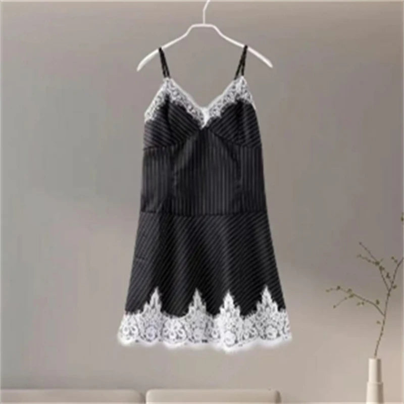 Fashion Striped 2 Piece Sets Women Outfit Spring Clothing Women Lace Patchwork Blazer V-Neck Mini Dress Sets Two Piece Woman Set