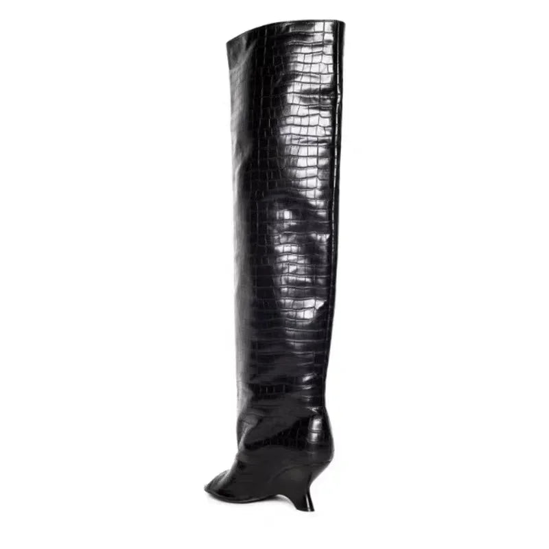2025 European AndAmerican Nichedesign Versatileopen Toe Long Tube Cool Boots for Women, Crocodile Patterned Irregular High Heels