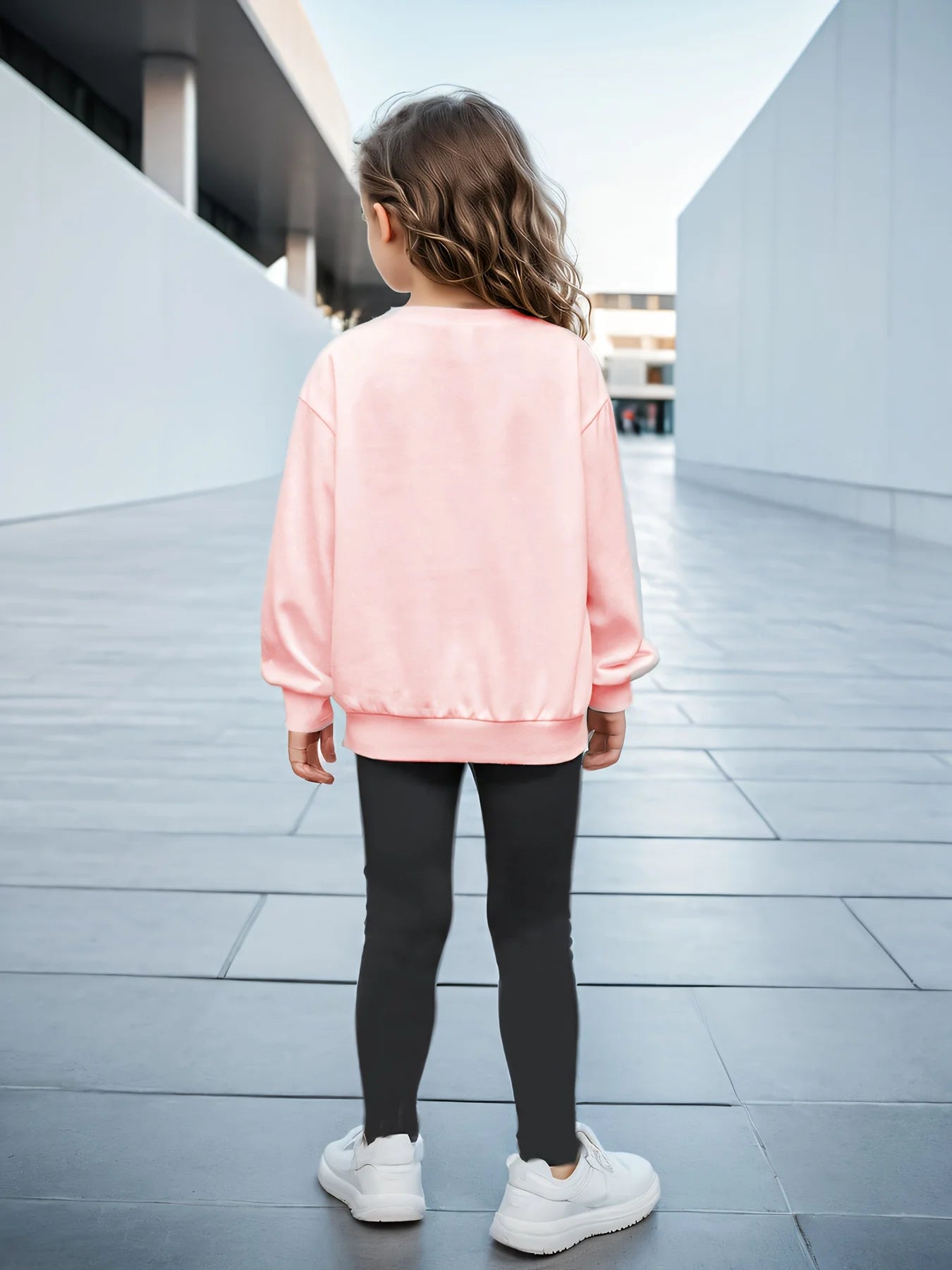 Children's Clothing Girls 2Pcs Cartoon Love Print Fashion Casual Long-Sleeved Sweatshirts and Leggings Pink Sweatshirt with Black Pants Set