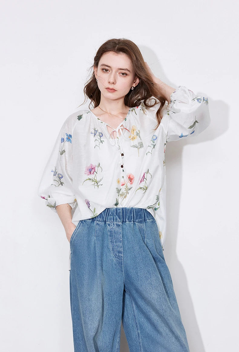 TOYOUTH Women Blouse Shirt 2025 Spring New Linen Floral Printed Velvet Casual Pullover Tops