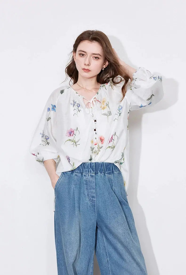 TOYOUTH Women Blouse Shirt 2025 Spring New Linen Floral Printed Velvet Casual Pullover Tops BAZAARHUBO